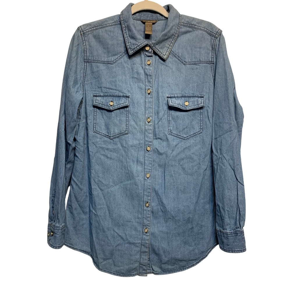 Bit & Bridle Women Light Denim Pearl button Shirt Cowgirl Rodeo Western Large